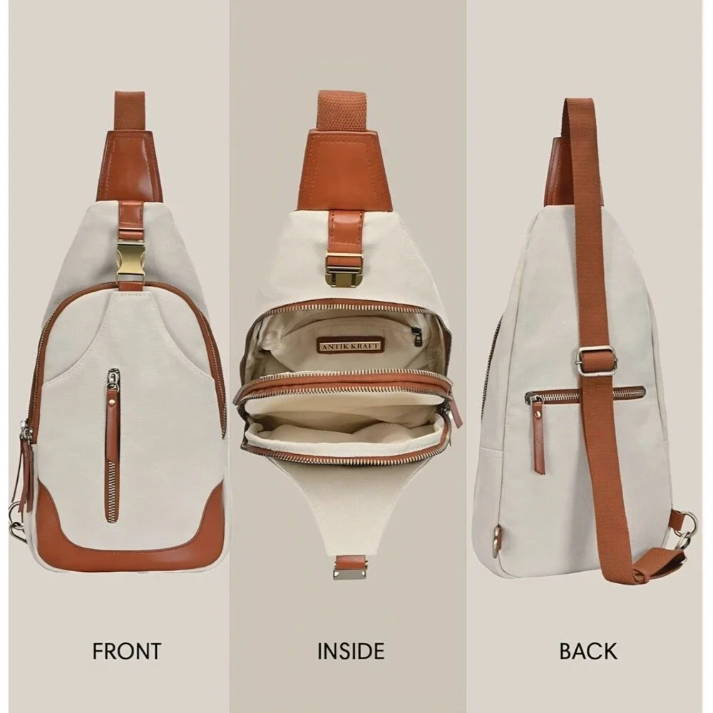 ANTIK KRAFT Beige Brown Crossbody Sling Bag Adjustable Strap Pockets